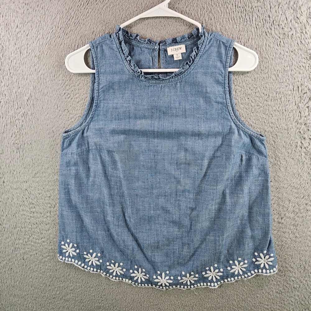 J.Crew Womens Blue Chambray Sleeveless Ruffle Neck Floral Embroidered Top S
